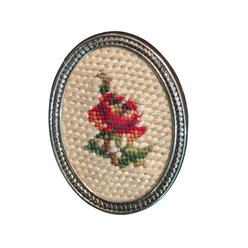 Vintage Petit Point Rose Oval Brooch Silver Tone Floral Needlepoint Pin